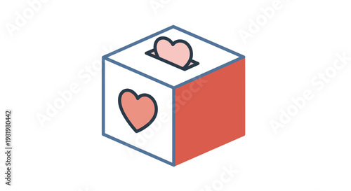 Isometric illustration of a donation box with heart symbol on white background