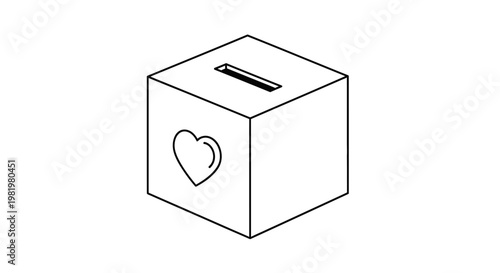 Isometric illustration of a donation box with heart symbol and slot
