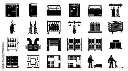 Food industry cold storage equipment and supplies icons