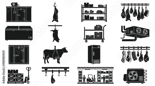Meat Industry Icons: Black and White Glyphs of Refrigeration, Butchery, and Storage