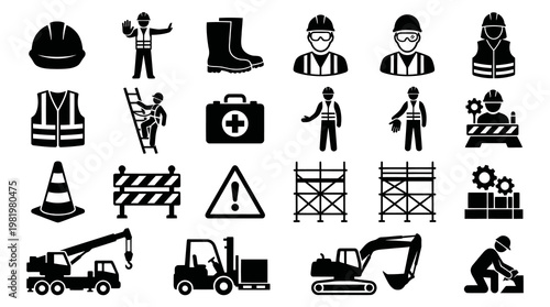 Construction Safety Icons: Helmet, Vest, Crane, Boots, First Aid