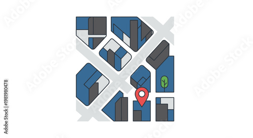 Isometric map illustration with red location marker and city buildings