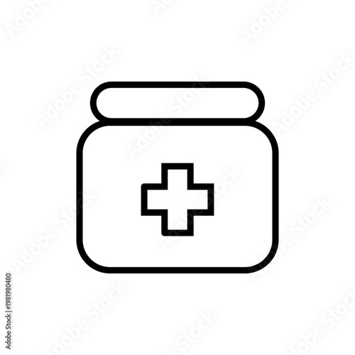 Vector Line Icon of Medicine Pill Bottle Container with Cap and Editable Outline Stroke for Prescription and Pharmacy Concepts