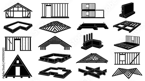 Black and white line art construction framing and building elements