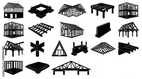 Black and White Construction Elements: Building Frames, Trusses, Foundations