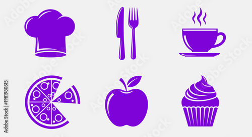 Purple culinary icons chef hat cutlery coffee pizza apple and cupcake