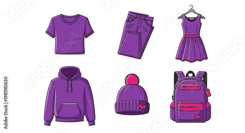 Purple clothing collection and backpack with modern design on white background