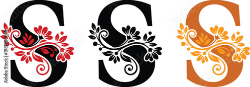 Fotografía Ornate Floral Monogram Letter S with Swirl and Leaf Design in Three Color Styles