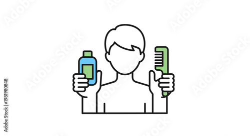 Man holding shampoo and comb preparing hair care routine simple illustration