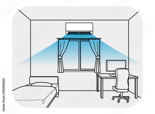 エアコンが稼働している部屋 ベッドと机　室内風景　線画