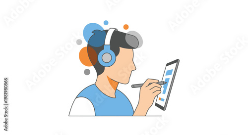 Man using tablet and stylus with headphones on white background vector illustration