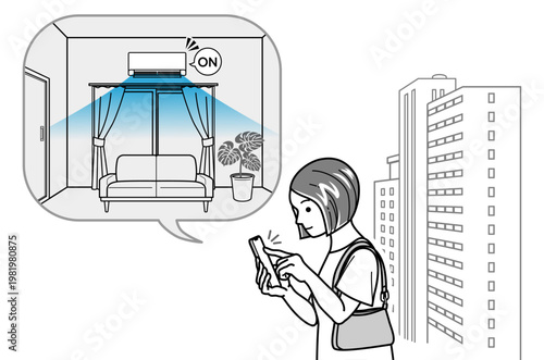 屋外でスマホからエアコンを遠隔操作する若い女性 スマートホーム 線画
