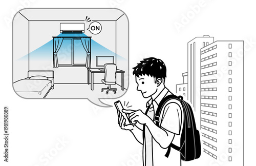 外出中にスマホでエアコンを遠隔操作する若い男性　スマートホーム 線画