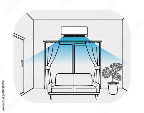 エアコンが稼働しているリビングルーム ソファと観葉植物　室内風景 線画
