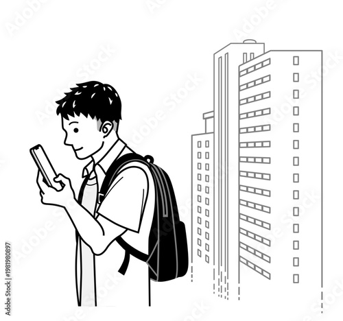 屋外でスマホを操作する若い男性 横向き 上半身 ビル背景 線画