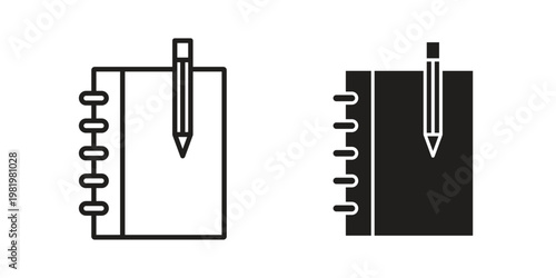 Notebook icon editable vector pack. Black flat and line symbols