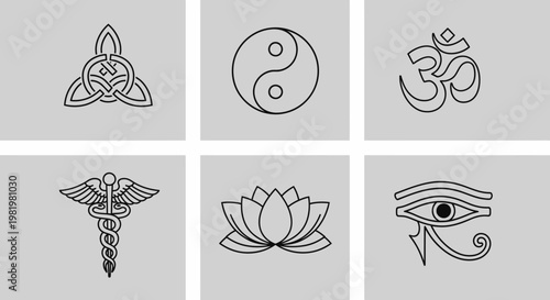 Religious and spiritual symbols and icons on a grey background