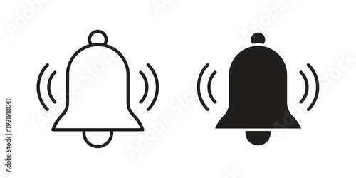 Notification bell icon editable vector pack. Black flat and line symbols