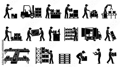 Logistics, Shipping  Warehouse Operations Black  White Glyph Icon Set