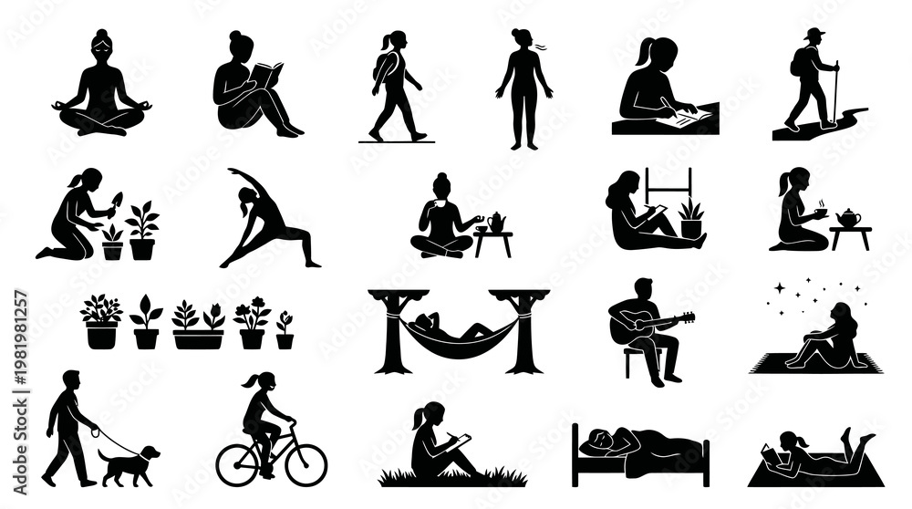Obraz premium Diverse Lifestyle Icons: Yoga, Reading, Hiking, Gardening, Music, Relaxation