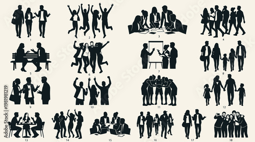 Diverse Business and Social People Groups Silhouettes Vector Set