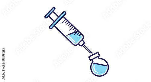 Medical syringe injecting a vaccine into a vial against a white background
