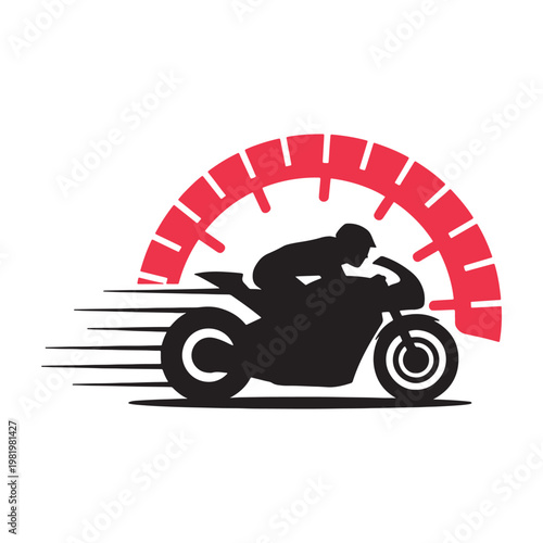 Dynamic silhouette of a motorcyclist racing with a speedometer background