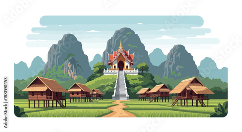 Pixel Art Thai Village Temple Rice Fields Mountains Scenic Landscape