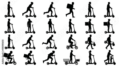 Black and White Silhouettes of People Riding Electric Scooters