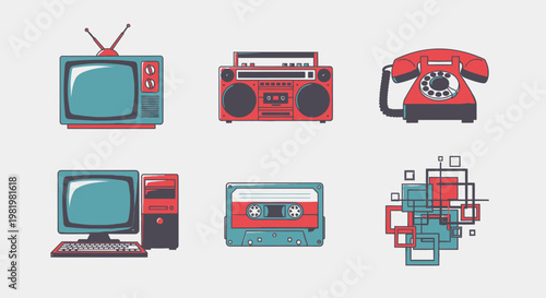 Retro technology collection television radio telephone computer and cassette tape
