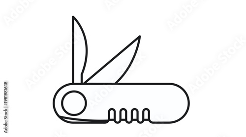 Minimalist black line art vector icon of a Swiss Army knife multi-tool with two open blades and a corkscrew, isolated on white. Versatile pocket knife illustration for camping and survival gear.