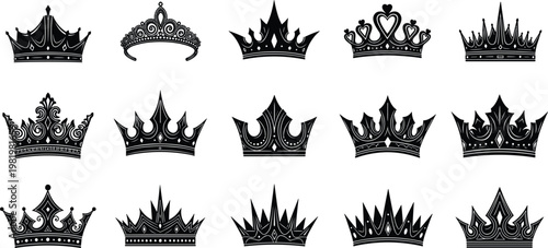Collection of Royal Crowns in Various Designs for Luxury, Nobility, and Regal Themes in Websites, Graphics, and Digital Media