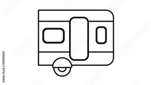 Minimalist black line art vector icon of a caravan travel trailer, representing camping, road trips, and outdoor adventure. Scalable graphic symbol for vacation and mobile home concepts.