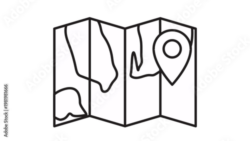 Folded paper map vector icon with a location pin marker. Minimalist black line art illustration of a navigation guide for travel, tourism, and finding directions on a white background.