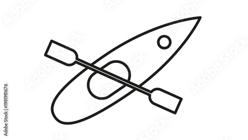 Minimalist black line art vector icon illustration of a kayak with a double-bladed paddle, representing water sports, outdoor recreation, canoeing, and adventure activities.