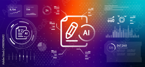 Artificial intelligence writing and content creation concept featuring digital document icon with pencil and AI automated copywriting and smart text generation for future publishing