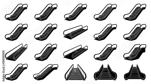Black and white line art icons of escalators for transportation