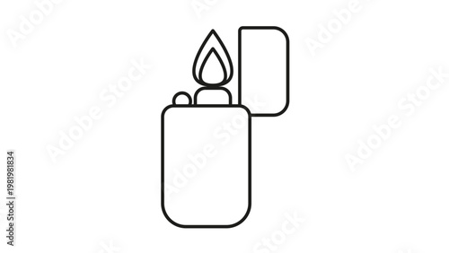 Minimalist black line art vector icon of a classic flip-top metal lighter with a burning flame, isolated on a white background. Simple outline illustration for smoking, fire, and heat concepts.