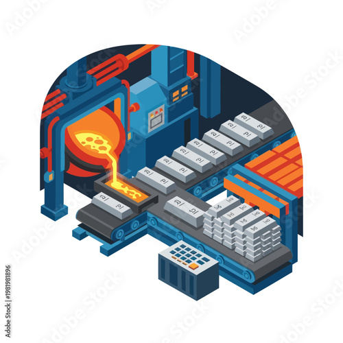 Isometric Illustration of Metal Casting Process in a Factory.