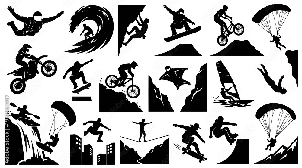 Naklejka premium Extreme Sports Icons: Silhouette Action Vector Set