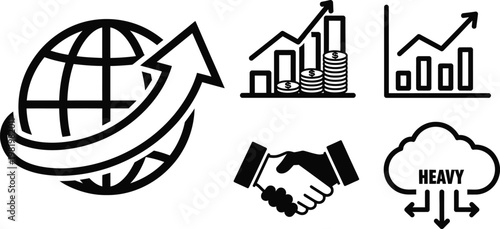 Global business and financial economy icons featuring world globe growth chart handshake and cloud data.