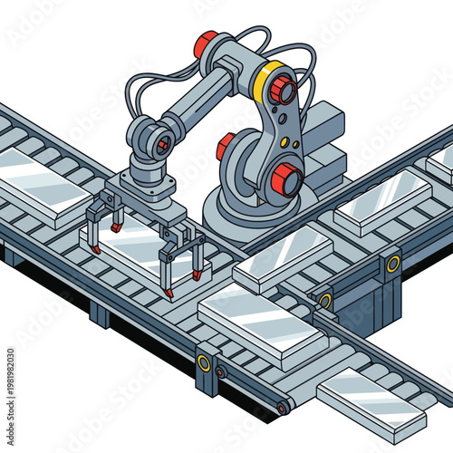 Robotic Arm Assembling Products on Conveyor Belt in Factory.