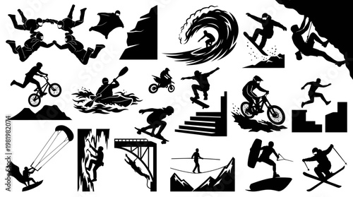 Black  White Silhouette Vector Graphics of Extreme Sports Activities