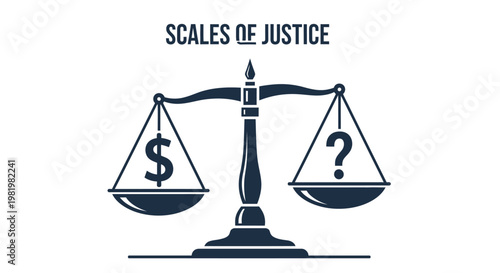 Scales of justice concept balancing dollar sign and question mark