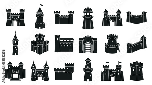 Black and White Medieval Castle Fortresses Tower Gate Architecture Glyph Icon Set