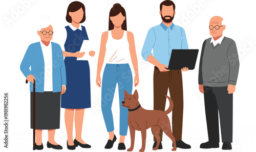 Diverse Group of People Including Elderly, Adults, and a Dog in Casual Attire for Family, Community, and Social Interaction Themes in Websites and Digital Designs