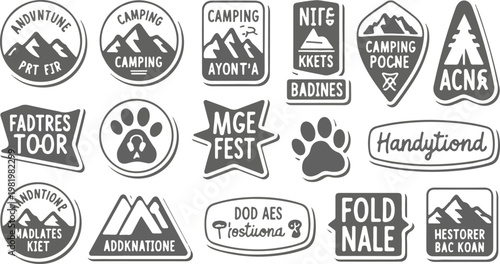 Collection of camping and outdoor activity badges and stickers in vintage style