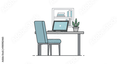 Minimalist office setup with laptop desk chair bookshelf and plant illustration