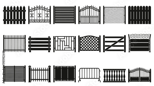 Construction and Architecture Fences and Gates Glyph Icons. Black Silhouette Vector Set.