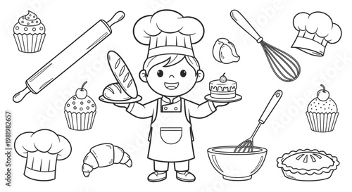 Cute Cartoon Chef Kid with Baking Tools and Pastries - Line Art Illustration